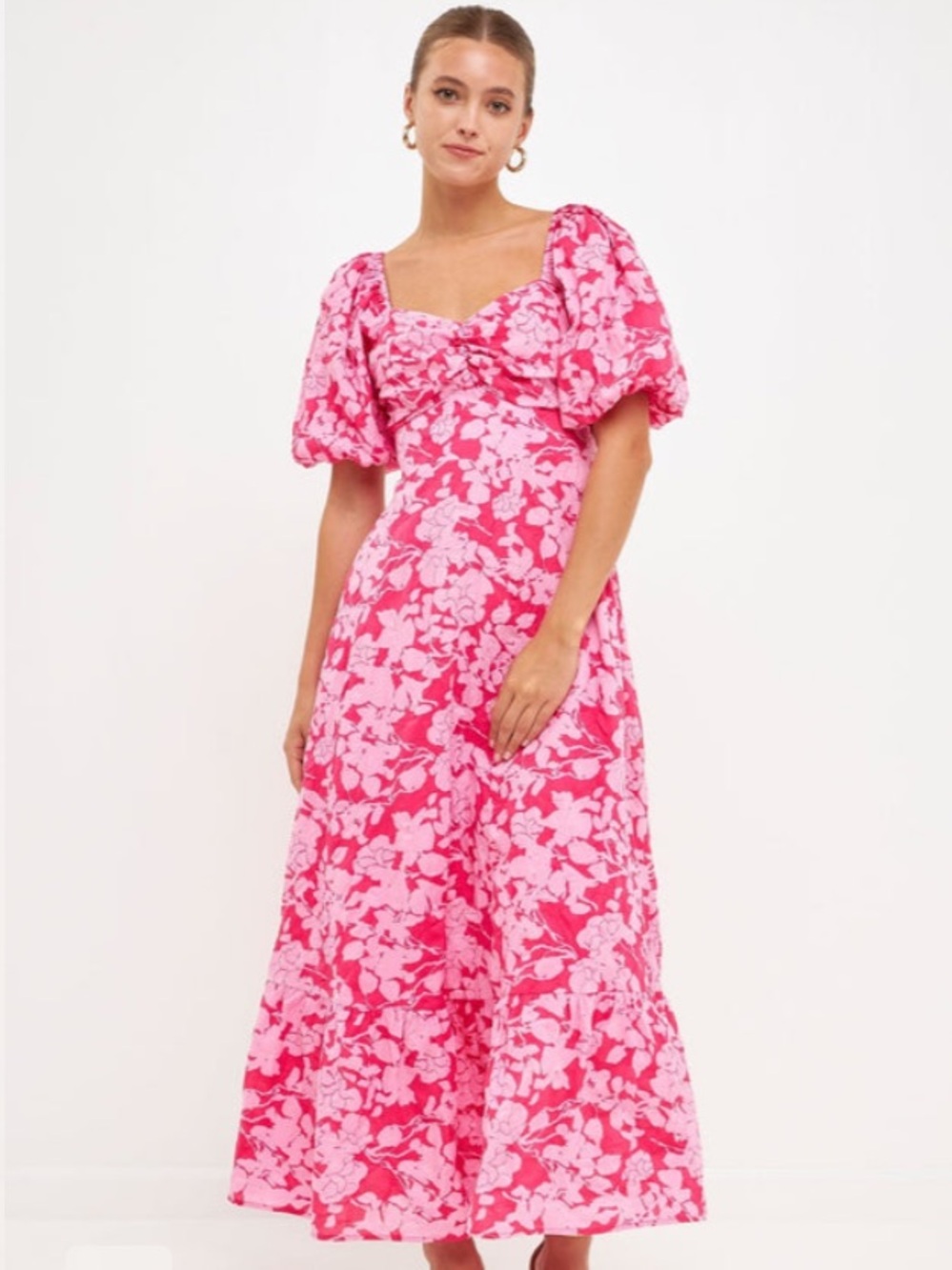 Free the Roses Vibrant Pink Floral Puff-Sleeve Maxi Dress NWT WOMEN SIZE SMALL